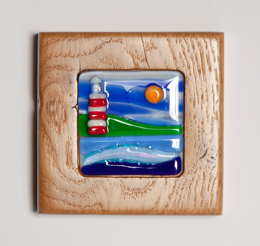 Fused Glass Sea Scene with Light House in Oak Block Frame