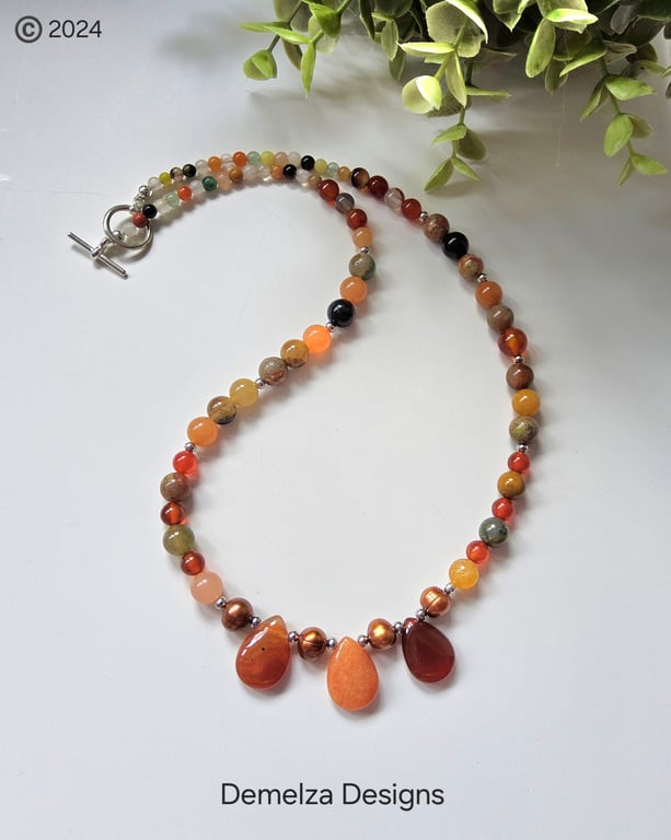 Designer Agate, Carnelian' Freshwater Pearl & Quartz Necklace  'One Off'