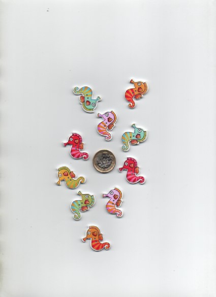 Pkt of 10 assorted colourful wooden shaped SEA-HORSE craft buttons CLEARANCE