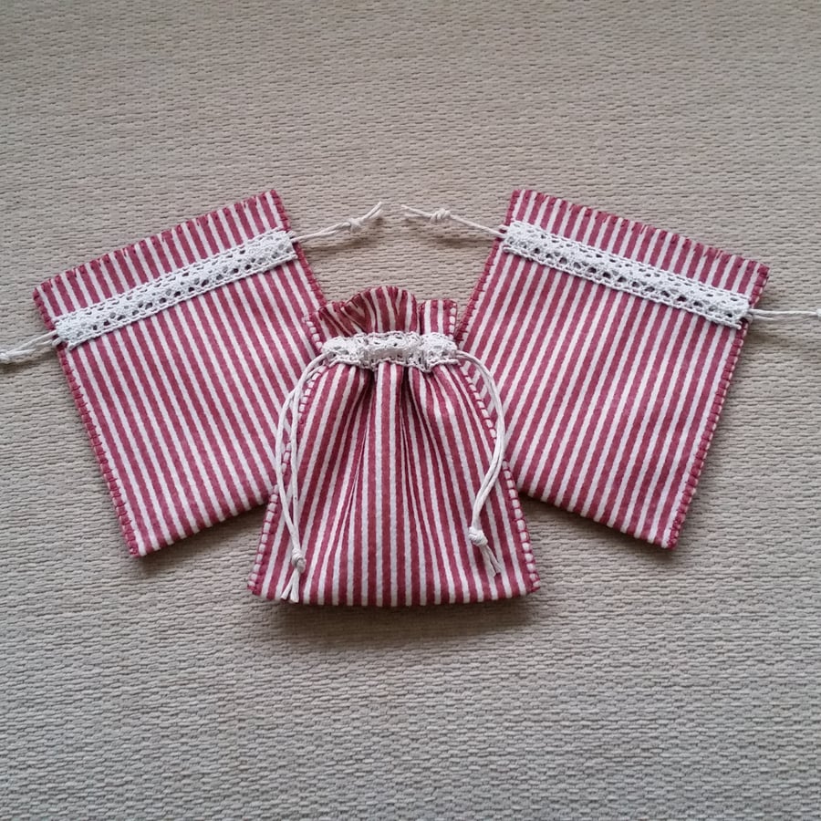 Set of 3 hand stitched drawstring Gift Bags
