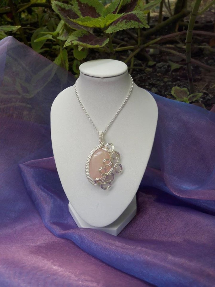 Wire Wrapped Rose Quartz Gemstone Pendant Necklace