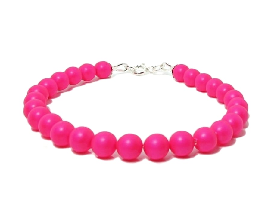 Bright Hot Neon Pink Pearls & Sterling Silver Summery Bracelet