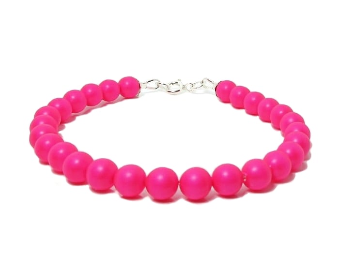 Bright Hot Neon Pink Pearls & Sterling Silver Summery Bracelet