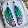 RESERVED K OAKLEY Blue and Green Shimmering Fairy Wing Sterling Silver Earrings