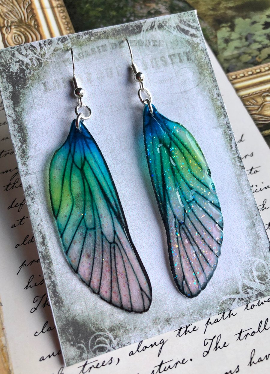 RESERVED K OAKLEY Blue and Green Shimmering Fairy Wing Sterling Silver Earrings