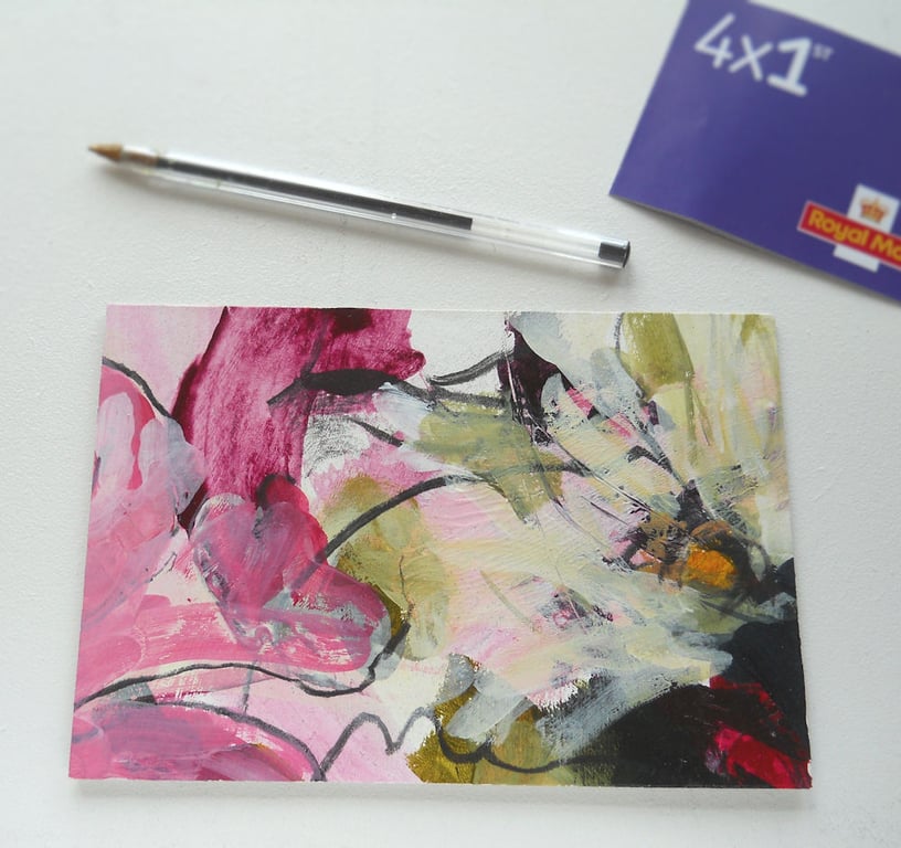 original abstract floral painting handmade postcard 