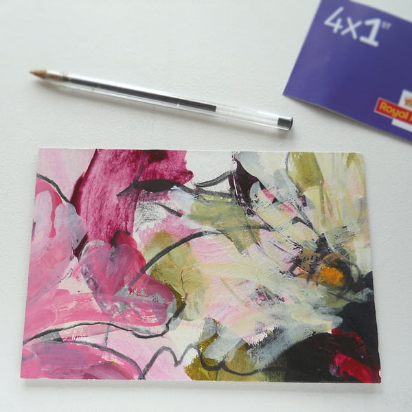 original abstract floral painting handmade postcard 
