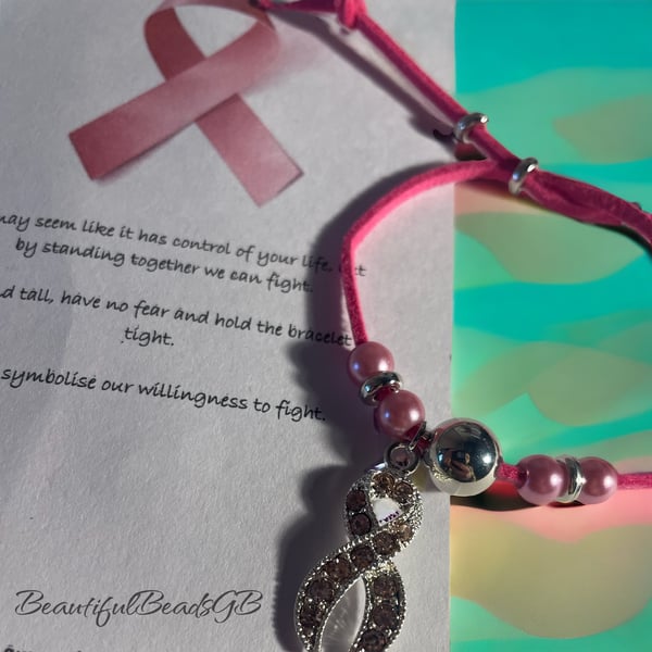 Breast cancer awareness suede effect corded gift bracelet 