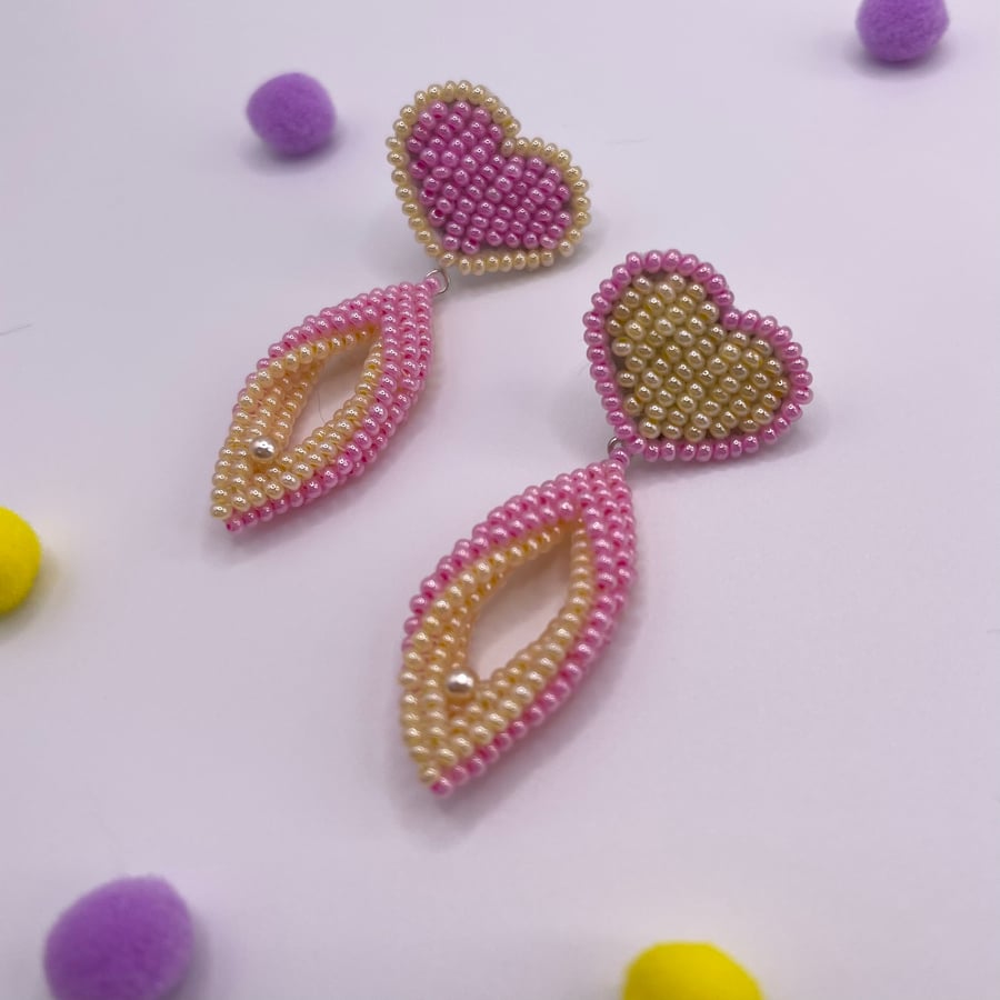 Unique design bead embroidered pink-yellow inverted “Lovely hearts” studs