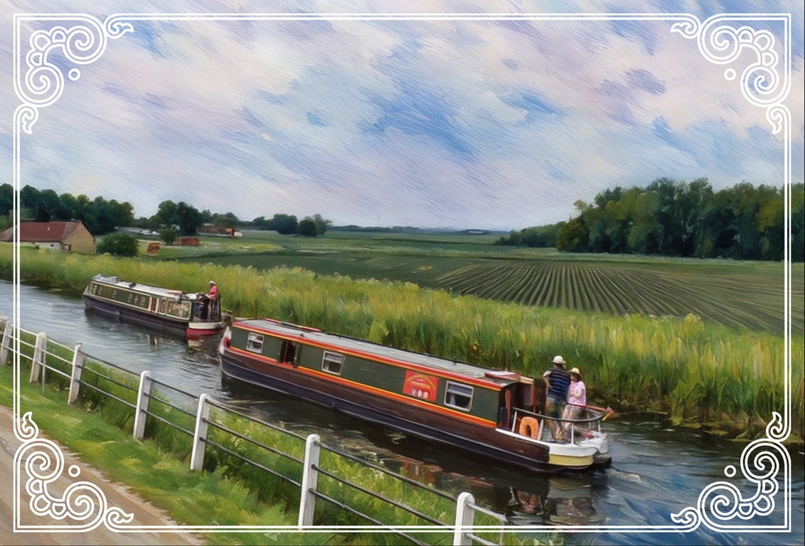 Two Narrow Boats Passing on The Fens A5 Greeting Card Norfolk 