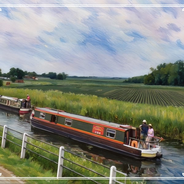 Two Narrow Boats Passing on The Fens A5 Greeting Card Norfolk 
