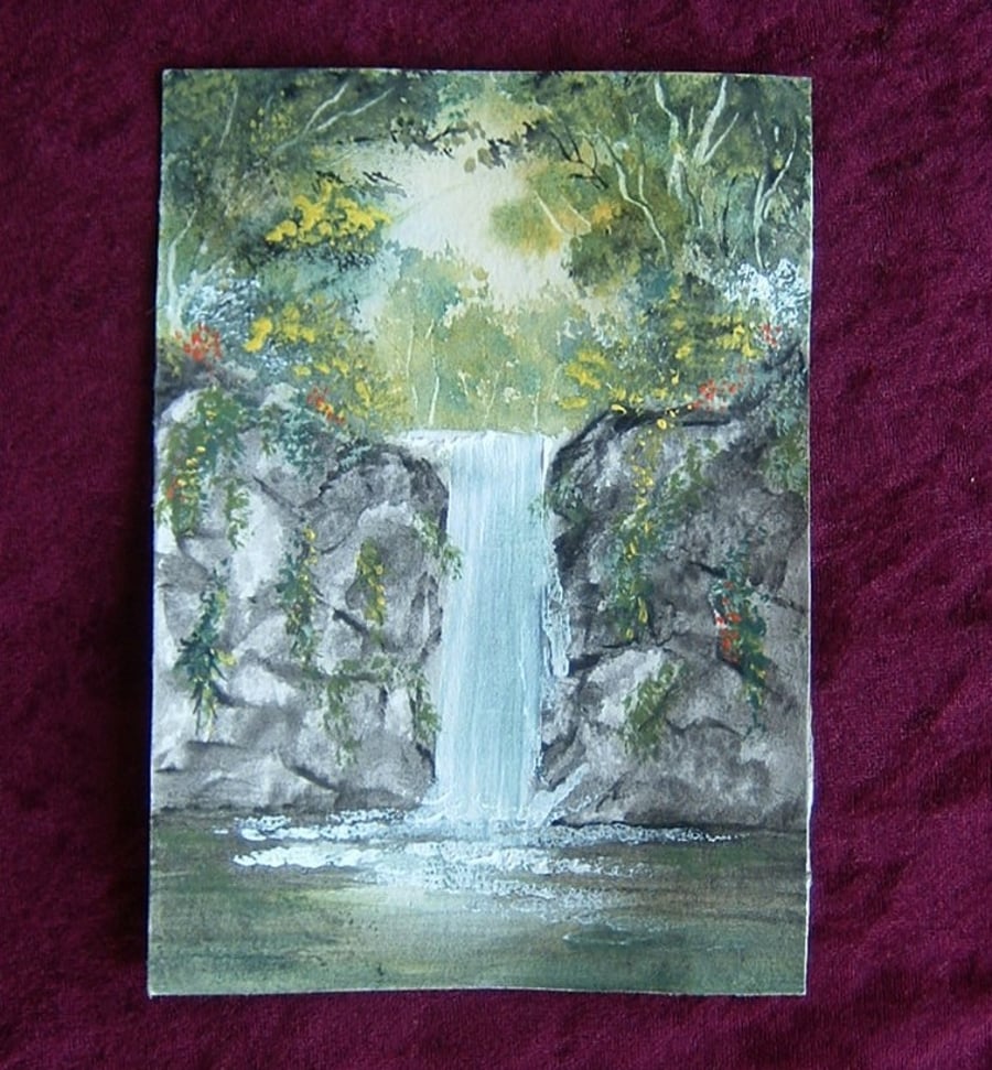 original art landscape waterfall watercolour painting ( ref f 134)