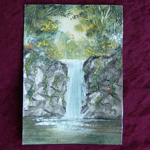 original art landscape waterfall watercolour painting ( ref f 134)
