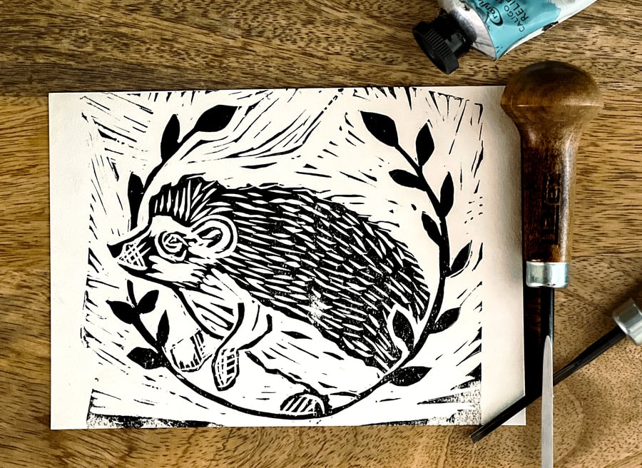 Handmade Sleeping Hedgehog Lino Print 