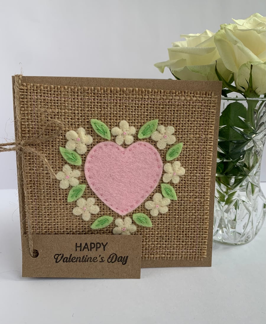 Handmade Valentines card. Pale pink heart and flowers, wool felt. Keepsake card.