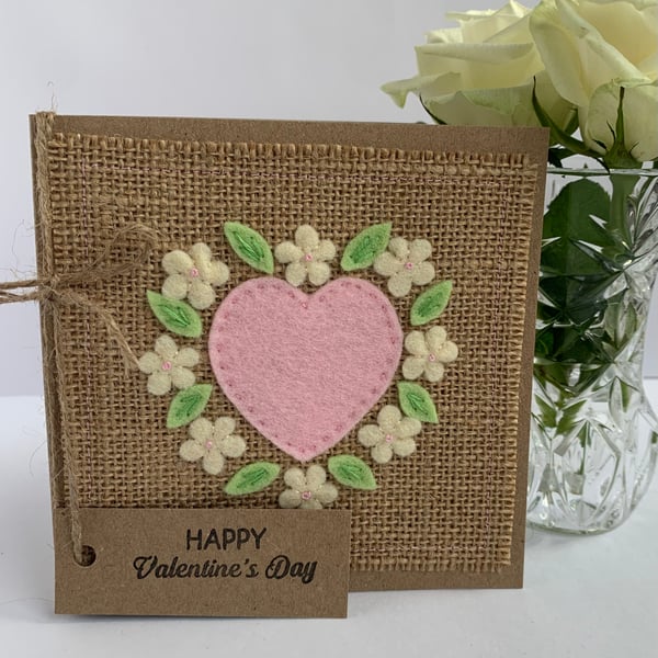 Handmade Valentines card. Pale pink heart and flowers, wool felt. Keepsake card.