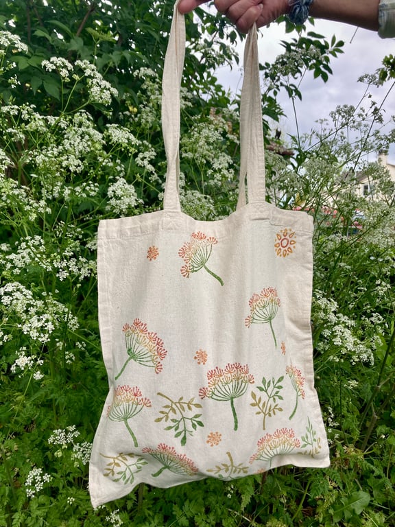 Block Printed Tote Bag Colourful Cow Parsley