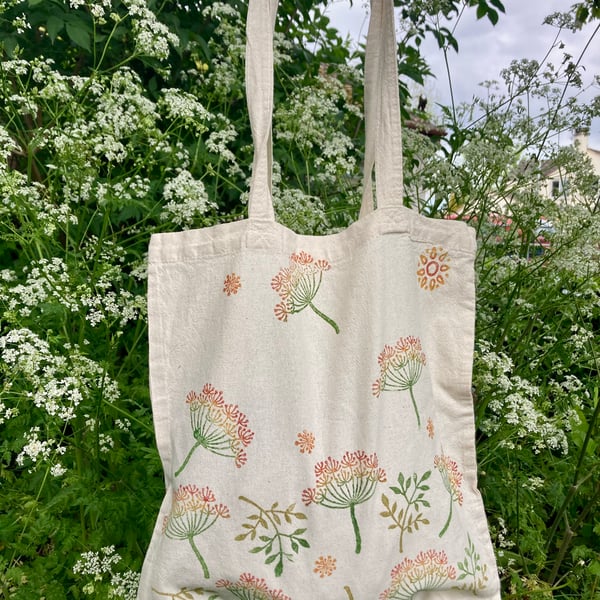 Block Printed Tote Bag Colourful Cow Parsley