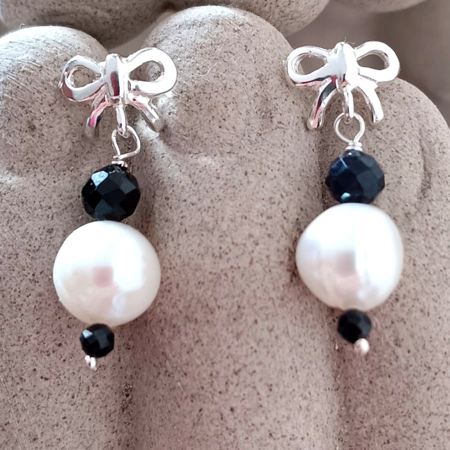 Pearl & Blue Sapphire Sterling Silver Bow Stud Dangle Earrings