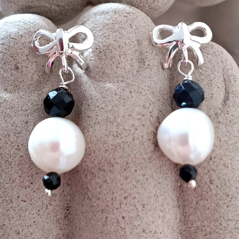 Pearl & Blue Sapphire Sterling Silver Bow Stud Dangle Earrings