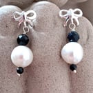Pearl & Blue Sapphire Sterling Silver Bow Stud Dangle Earrings