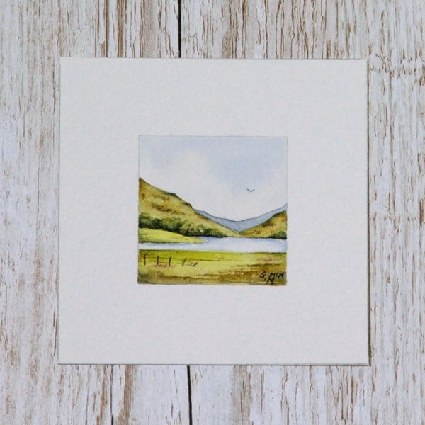Watercolour Miniature - painting of Scottish countryside, hills, loch, lake
