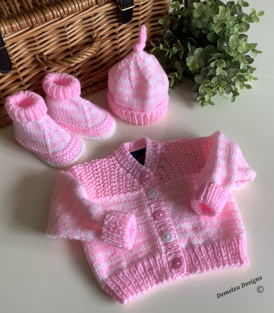 Hand Knitted Baby Girl's Cardigan, Hat & Booties Set 3-6 months 