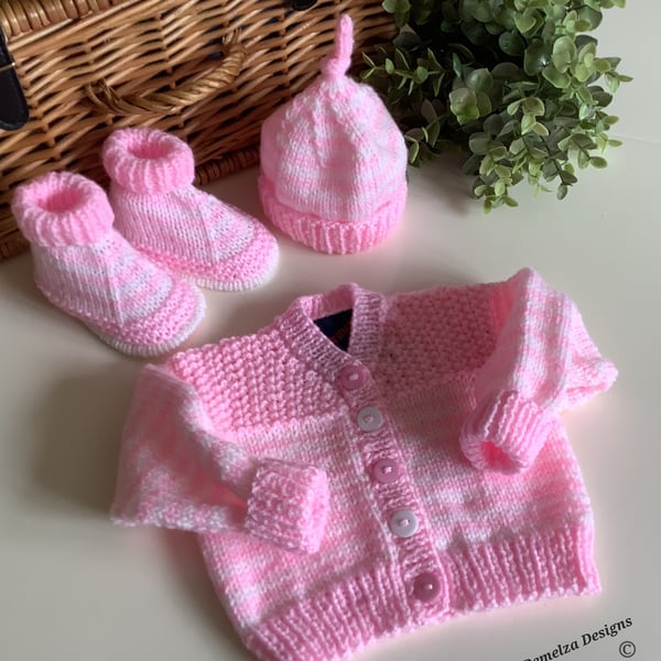 Hand Knitted Baby Girl's Cardigan, Hat & Booties Set 3-6 months 