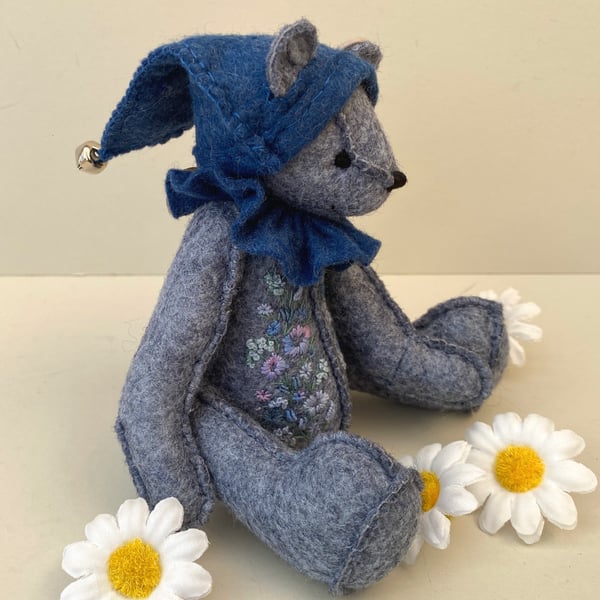 Hand embroidered collectable artist bear, hand sewn OOAK elf teddy bear