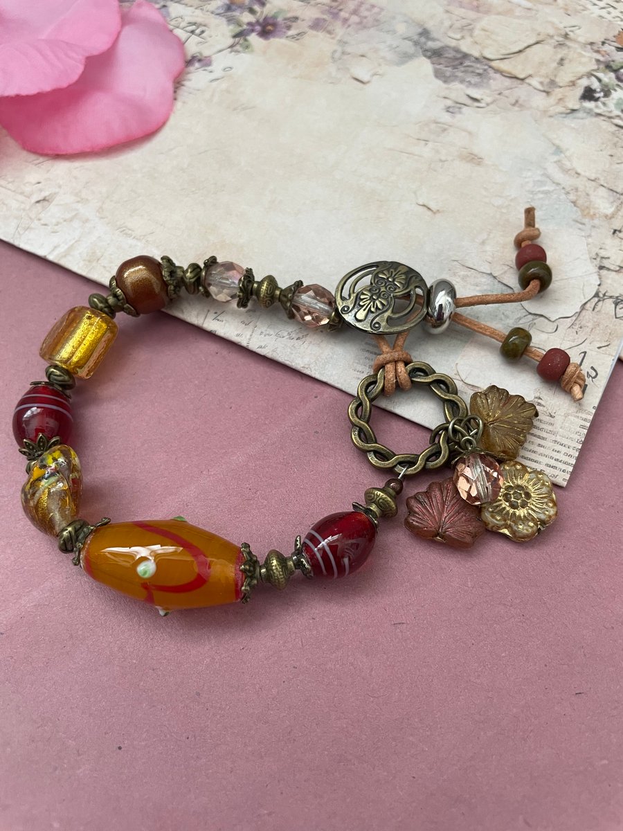 Beautiful lamp work glass beaded adjustable boho bracelet, yoga, 