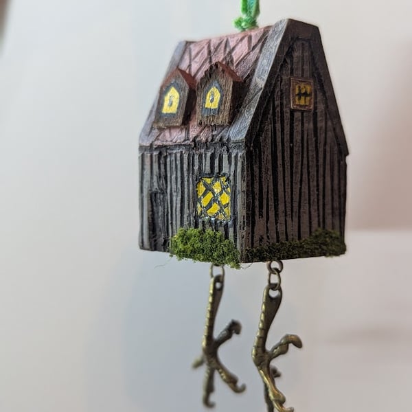 Baba Yaga's Chicken Leg Hut hand carved and painted decoration with dangly legs
