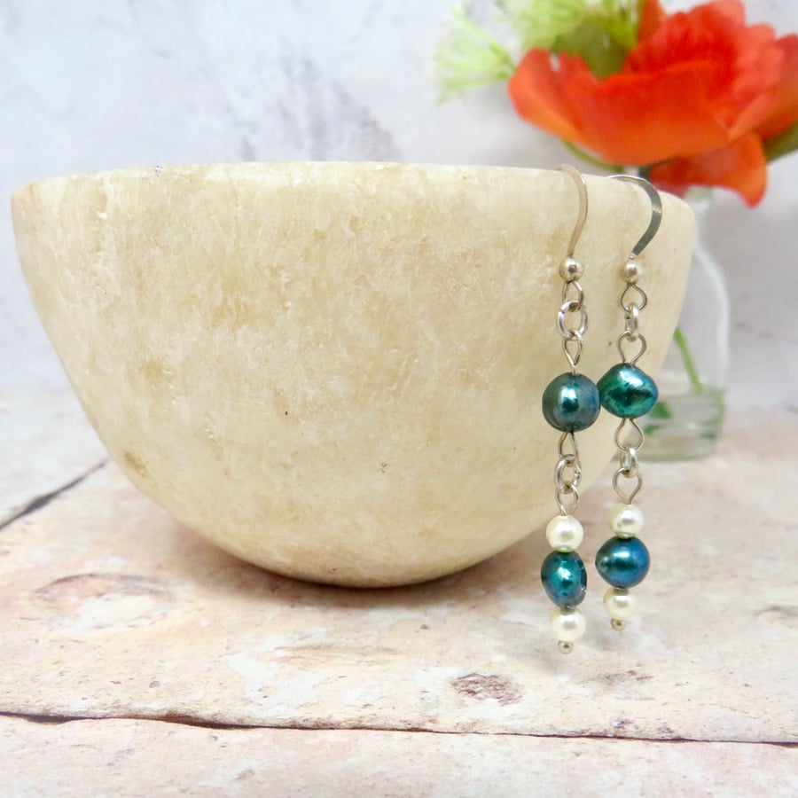  Teal and ivory pearl earrings