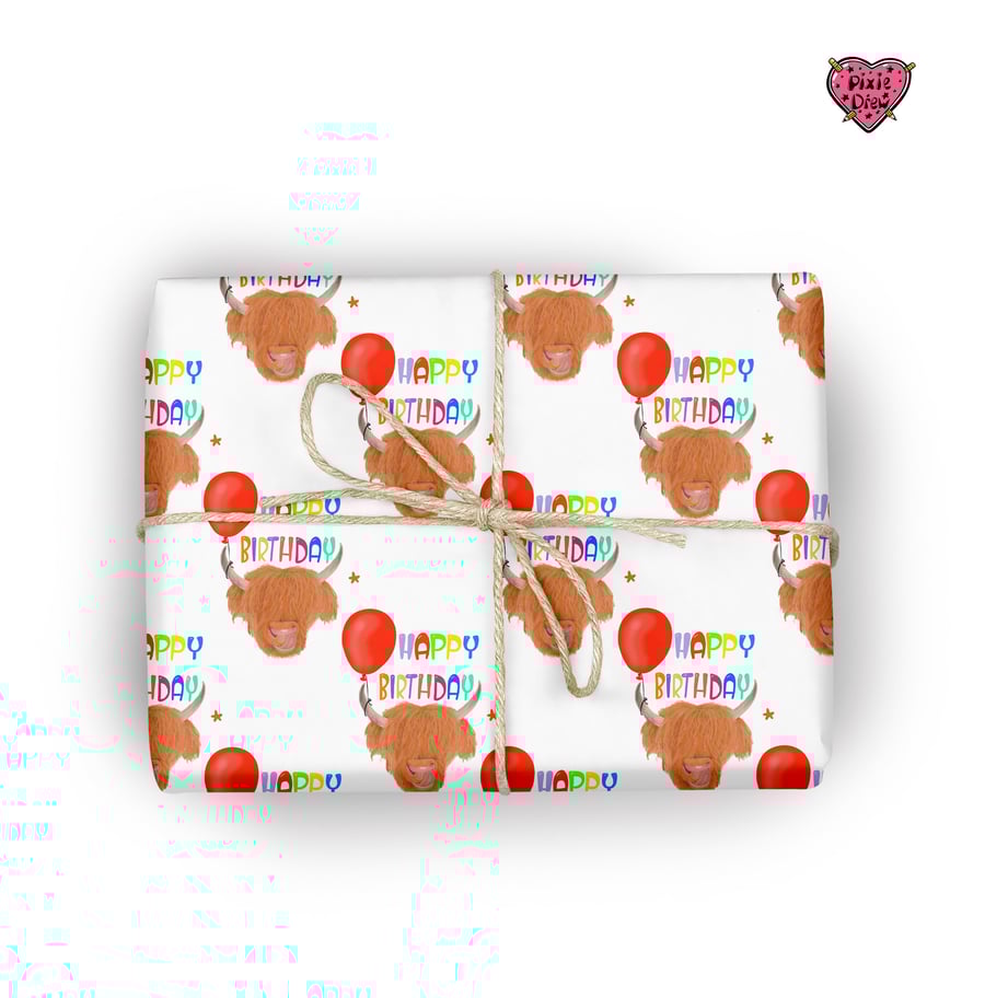 Highland Cow wrapping paper, highland cattle birthday wrap