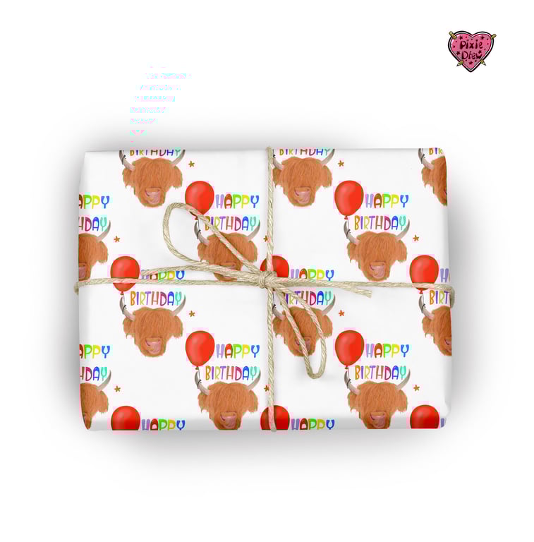 Highland Cow wrapping paper, highland cattle birthday wrap