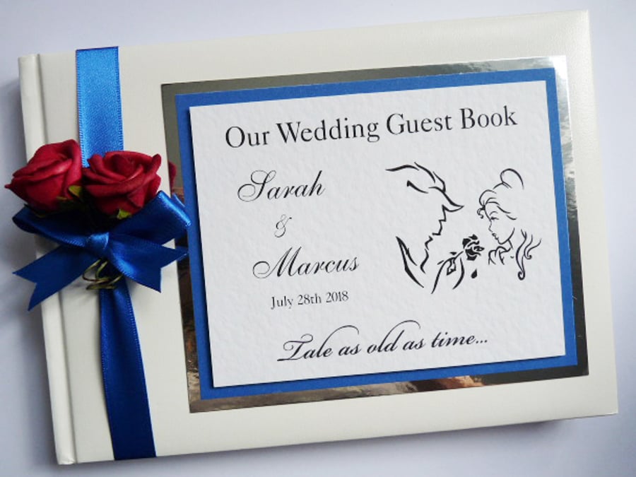 Beauty and the beast wedding guest book, royal blue and silver wedding book