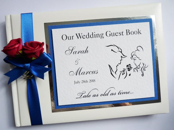 Beauty and the beast wedding guest book, royal blue and silver wedding book