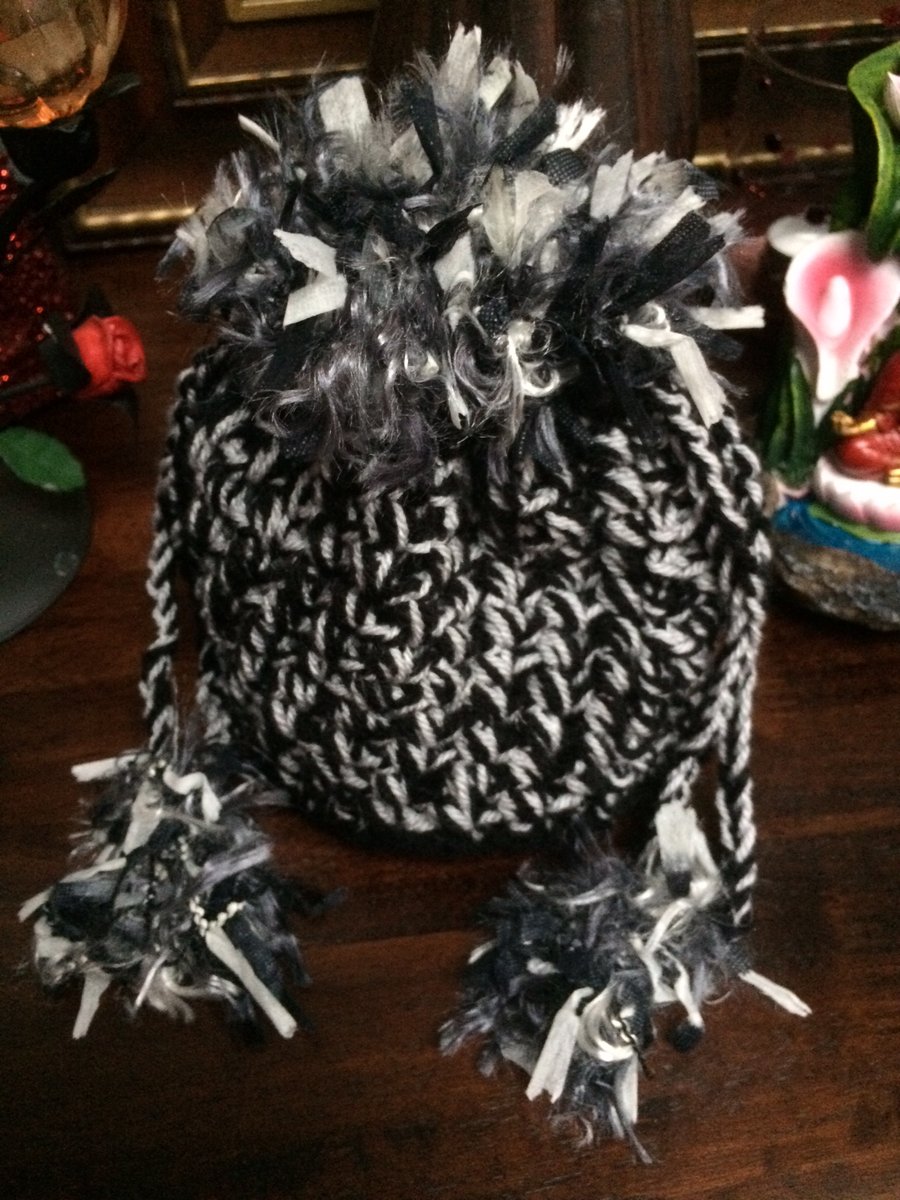 Hand Crochet Black Grey Drawstring Bag Handbag Purse Pouch with Funky Trim 