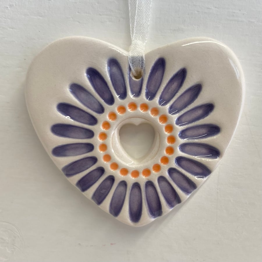 Small Ceramic heart decoration with purple daisy