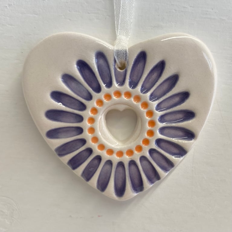 Small Ceramic heart decoration with purple daisy