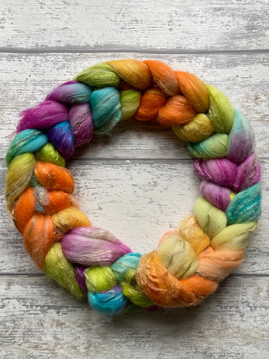 Merino Silk Linen Spinning fibre 100g Dewdrop grassy flame