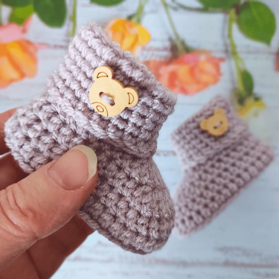 Baby Crochet Booties Teddy Button Hand-made Sizes Newborn 0-3 and 3-6 Months 