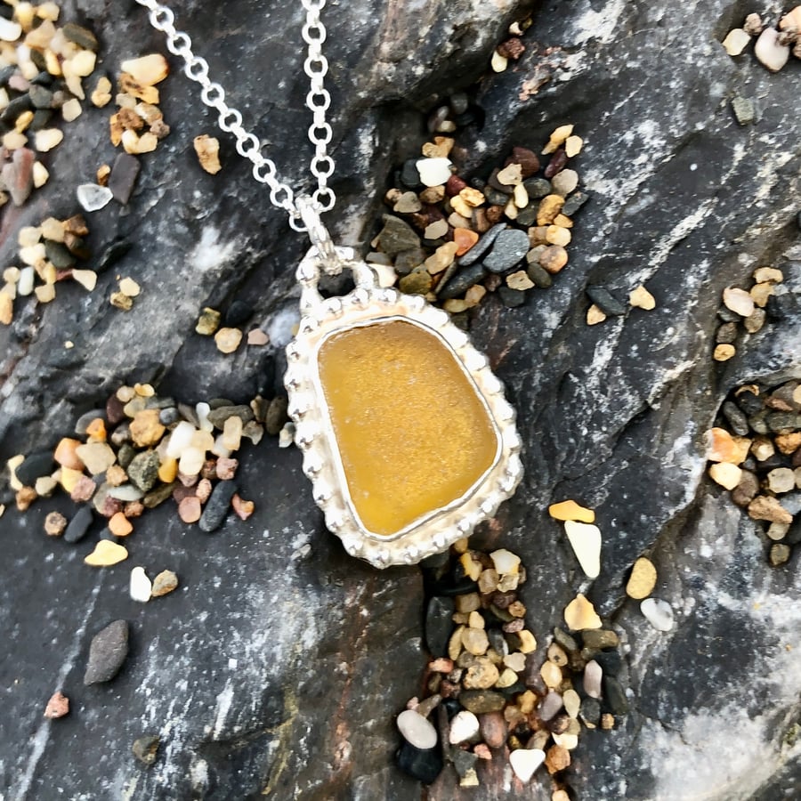Beautiful Honey Sea Glass and Sterling Silver Pendant Necklace - 1260