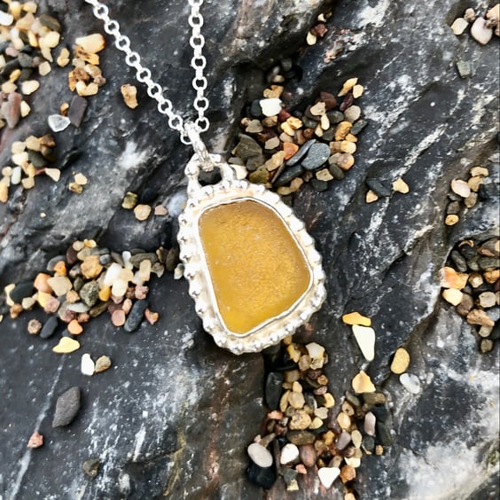 Beautiful Honey Sea Glass and Sterling Silver Pendant Necklace - 1260