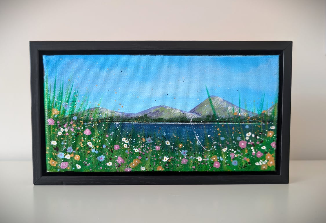 Untitled Wildflowers Mountain View Small Acrylic Framed Painting