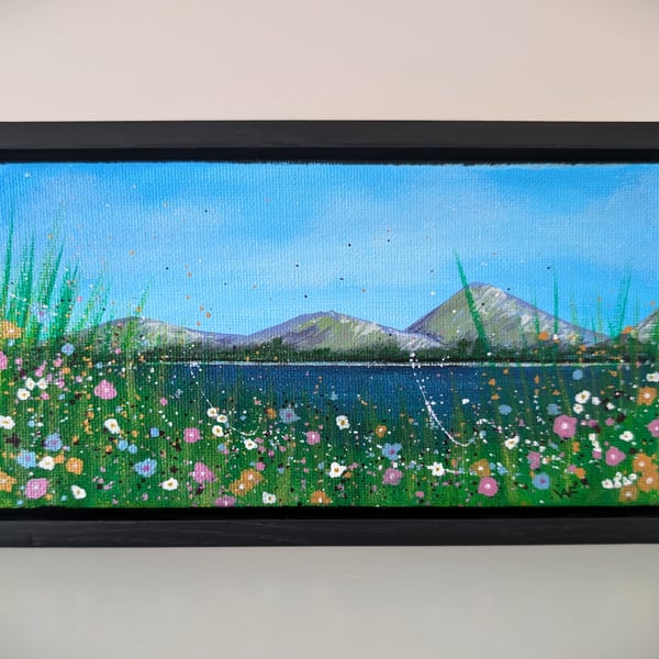Untitled Wildflowers Mountain View Small Acrylic Framed Painting