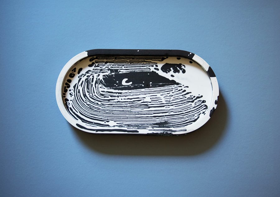 Oval Trinket Tray I Black and White Paint Splatter I Handmade