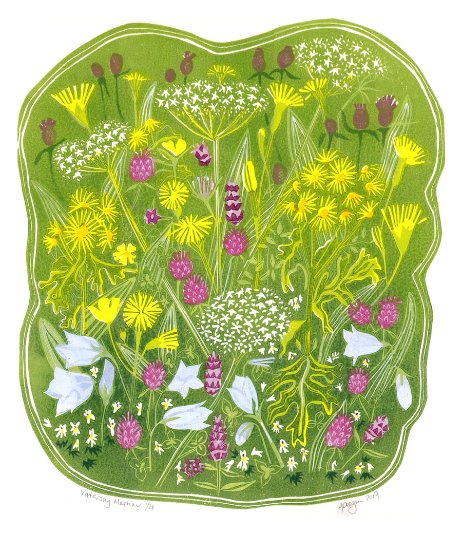 Original lino cut print VATERSAY MACHAIR wild flowers meadow blooms wall art