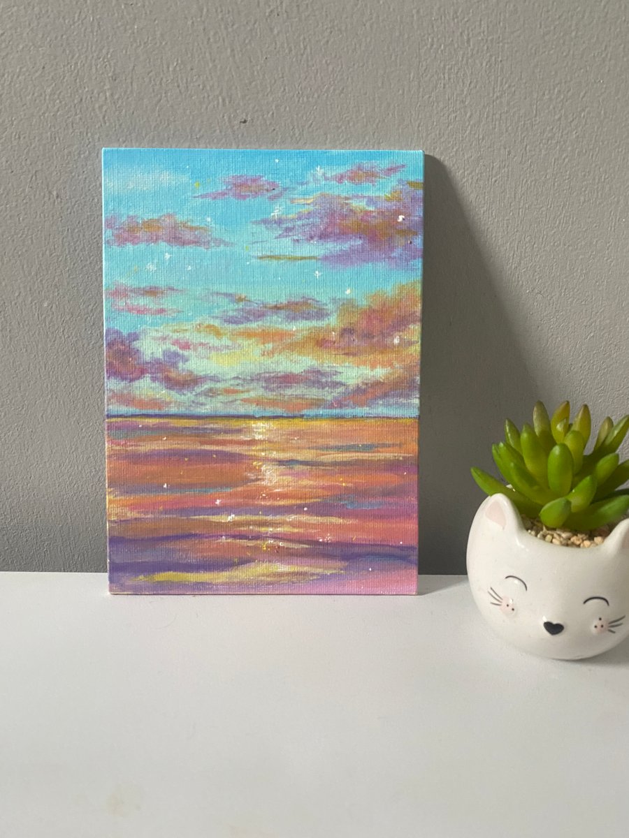 Acrylic sunset painting canvas seascape