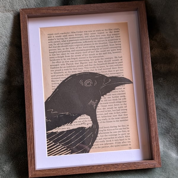Vintage Magpie Page Lino Print 