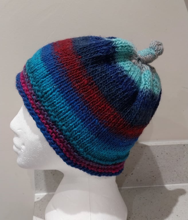 Handknit 100% WOOL NORO KNOTTY TOP BEANIE SMALL-MEDIUM